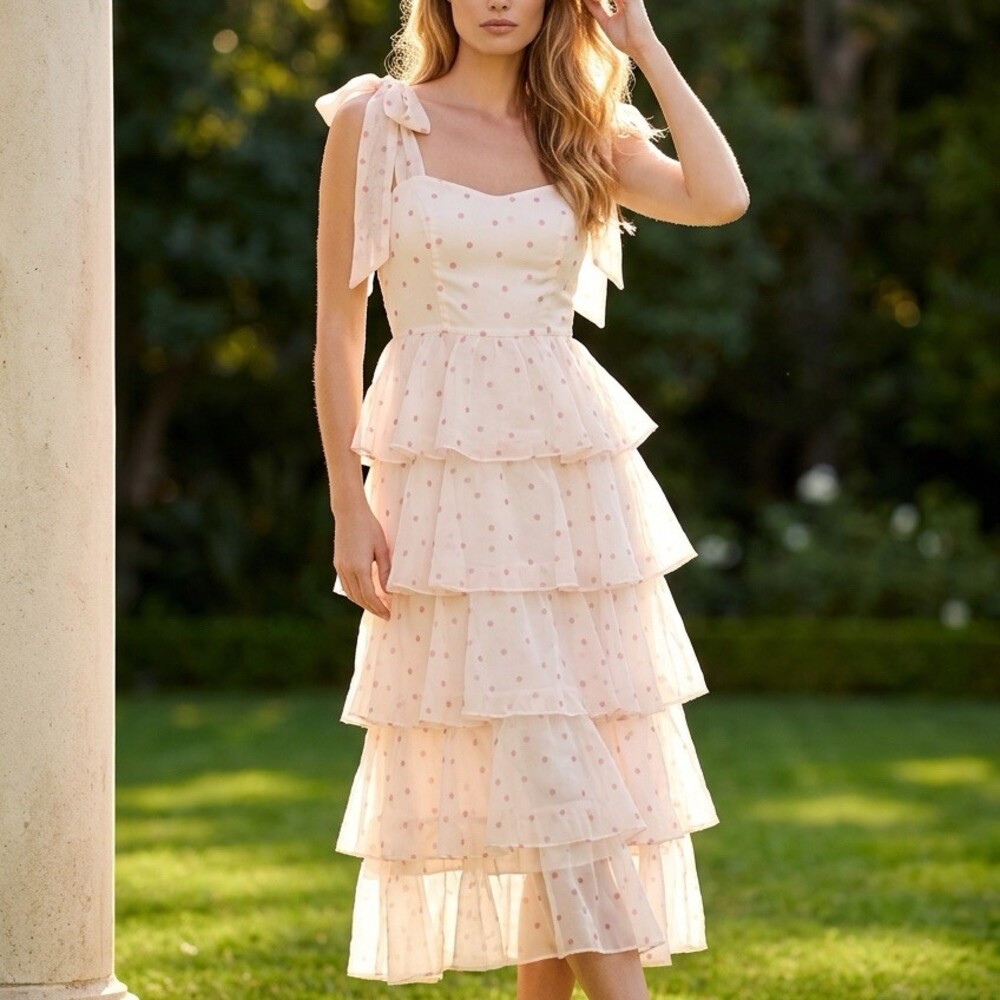 Rosie Posie Dress Womens L NWT Cream Pink Ditsy Floral Tiered Ruffle Midi